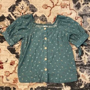 LC Lauren Conrad Women’s Teal Blouse Size S Floral Butterfly, Ladybug, Dragonfly